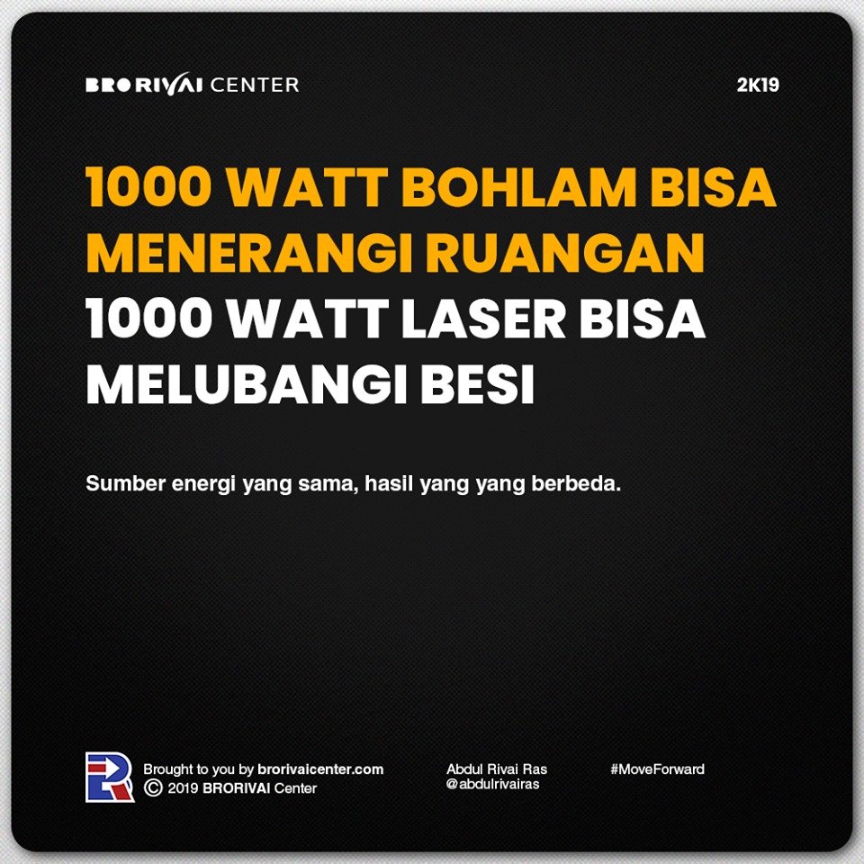 BRORIVAI_Center's tweet photo. Moral Force of Character

Energi besar akan menghasilkan output yang besar, jika dimanajemen dengan baik, maka akan menghasilkan inovasi yang luar biasa.
#BRORIVAICenter @IslamQuotes #quotes #SundayMotivation https://t.co/L1FP9W1469