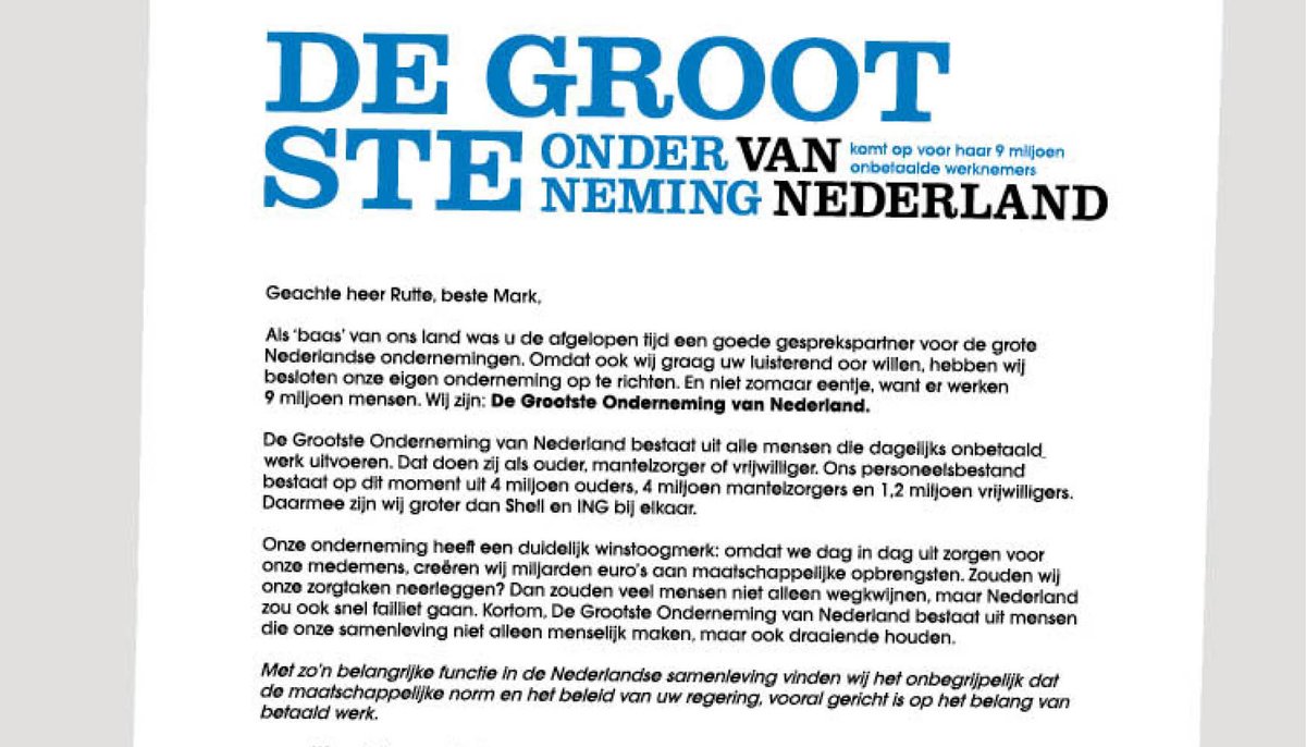 De Grootste Onderneming van Nederland bestaat uit 9 miljoen onbetaalde werknemers (vrijwilligers, mantelzorgers en ouders) die de samenleving draaiende houden zonder waardering. Met deze brief komen wij in actie. Ondertekenen kan! 👉bit.ly/DGOvNL #degrootsteonderneming