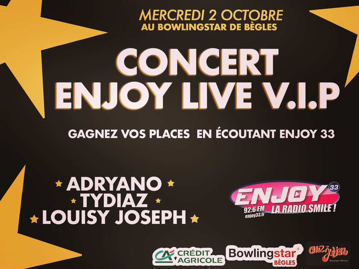 enjoy33radio's tweet photo. ⚠️ JOUR J ce #Lundi pour remporter VOS PLACES 🎁🎁🎫🎫 #Concert #EnjoyLiveVip @AdryanoOfficiel @TYDIAZofficiel @LouisyJoseph 📲 CONCERT 📲 71004 🍀🙏 https://t.co/WLtHCgyply