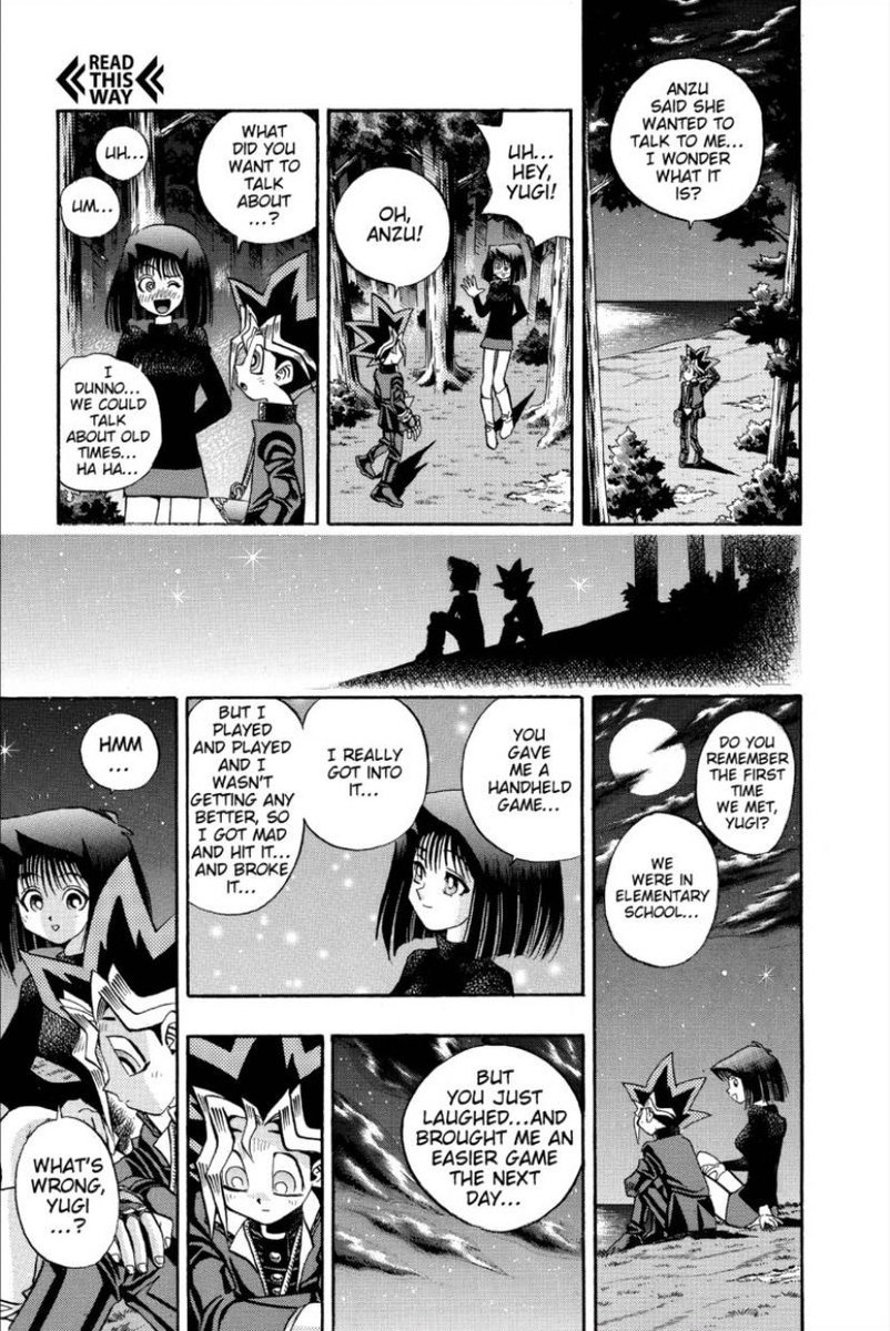 A really sad moment from the Yu-Gi-Oh! manga where Yugi just assumes Anzu is in love with the pharaoh and h himself. Something that wasn’t really explored in the Duel Monsters anime.Really appreciate Takahashi taking a moment to show how that makes Yugi feels.