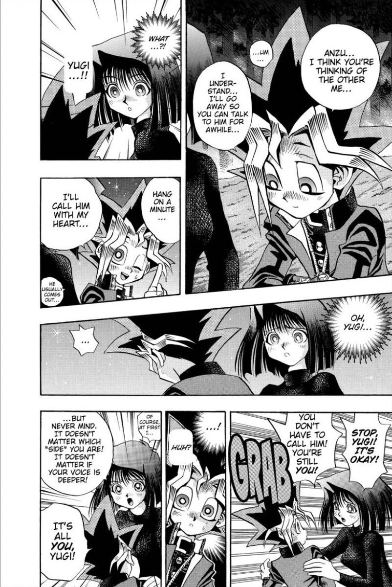 A really sad moment from the Yu-Gi-Oh! manga where Yugi just assumes Anzu is in love with the pharaoh and h himself. Something that wasn’t really explored in the Duel Monsters anime.Really appreciate Takahashi taking a moment to show how that makes Yugi feels.