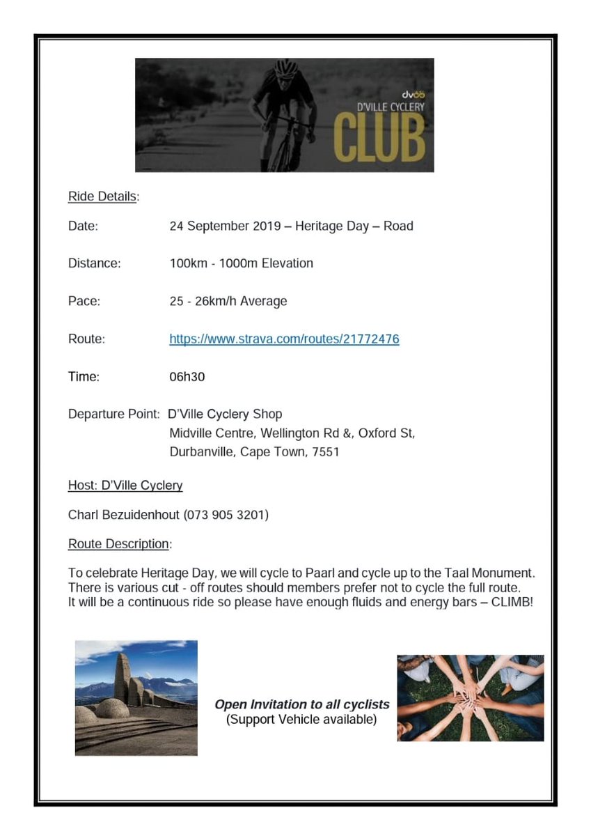 nazguide's tweet image. Heritage Day Cycle to Paarl. Organised by D'ville Cyclery.
#teamnazsa