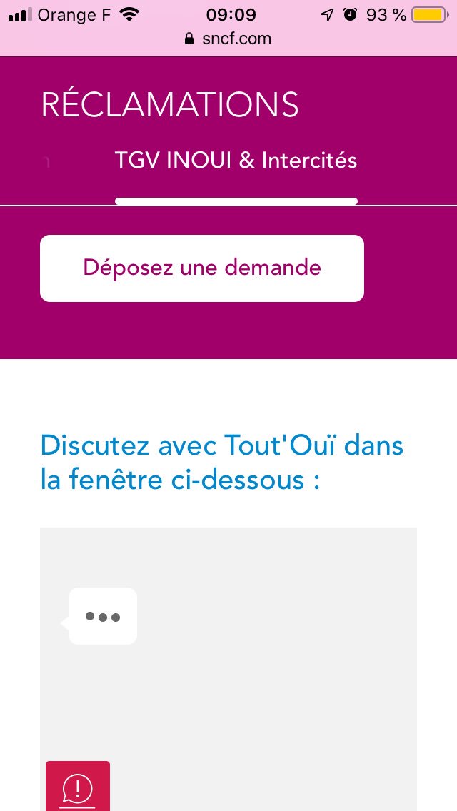 Retpuiscesttout's tweet photo. ⁦@ouisncf⁩ @sncf Bonjour, comment peut on déposer une réclamation quand l’assistant conversationnel boucle obstinément sur ses points de suspension ? https://t.co/Cx99ETajdd
