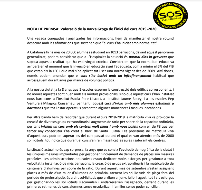 XarxaGrogaLH's tweet photo. Valoració de l'inici de #Curs2019. Un curs que no comença amb #Normalitat #ProuBarracons #ProuBolets 
https://t.co/vmYiw2HyVX https://t.co/yrN9cfnW7J