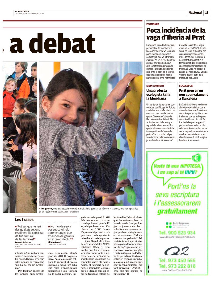 Reportatge sobre les activitats extraescolars a <a href="/elpuntavui/">El Punt Avui 🎗️</a> amb opinions de <a href="/FaPaCcat/">Fapa Ccat</a> , <a href="/FundacioBofill/">Fundació Bofill</a> i Fundesplai.