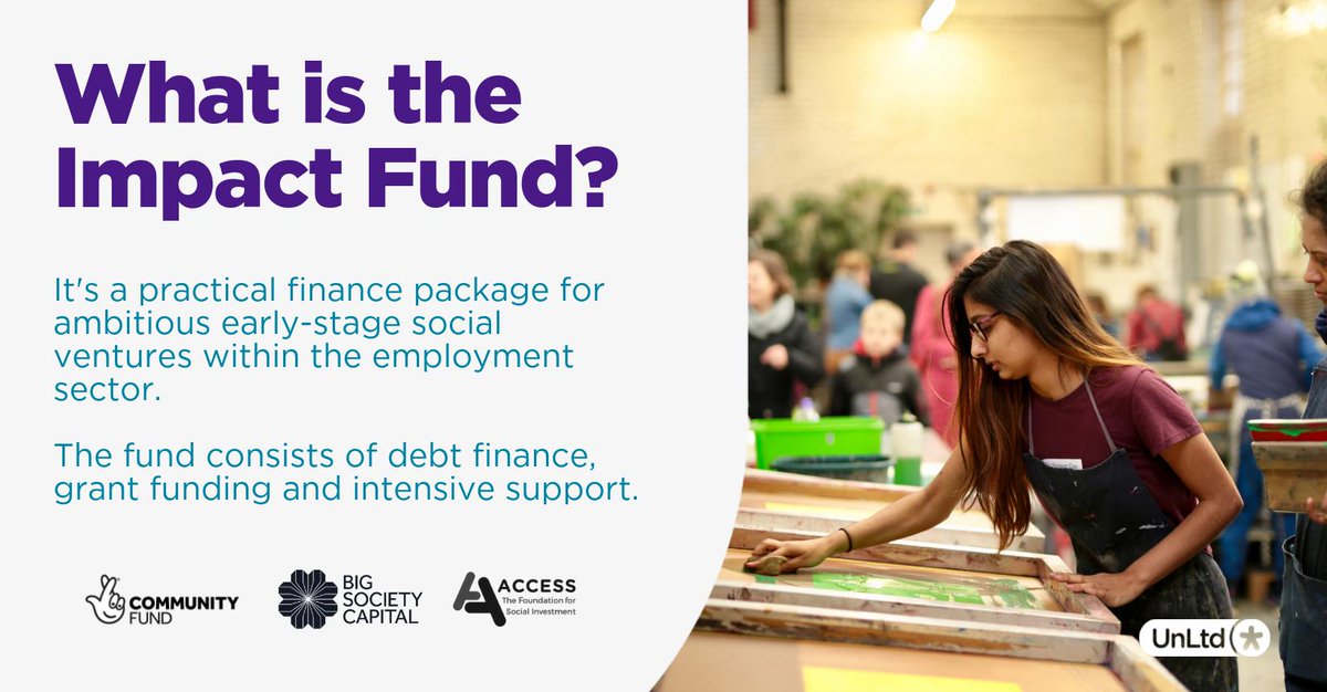 UnLtd's tweet photo. Is your venture for social good ready to grow its impact? The UnLtd Impact Fund is welcoming applications from ventures improving access to employment. Support includes finance, expertise, and 1:1 support. 

Ready to scale up? Find out more here - https://t.co/UcPOI93LEP https://t.co/XzCwBJTeQy