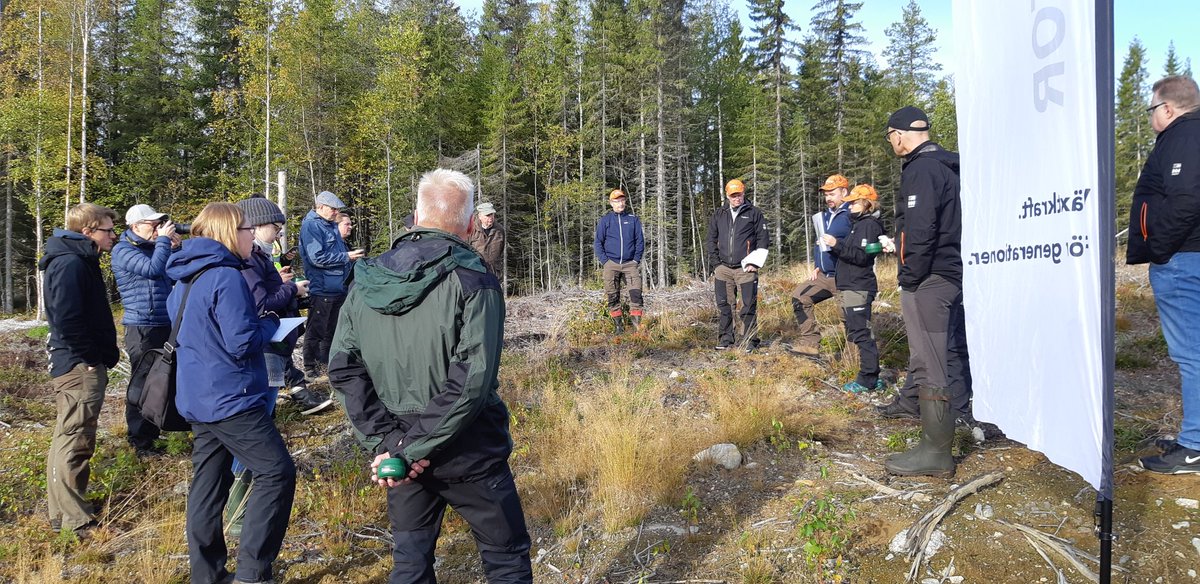 Sveaskogilla kylässä Granö-Lycksele välillä Metsätieteellisen seuran metsänhoitoklubin joukkueella. Pakkasyön jäljiltä hyvä retkisää. Taimiasiat ja muu metsänuudistaminen esillä.