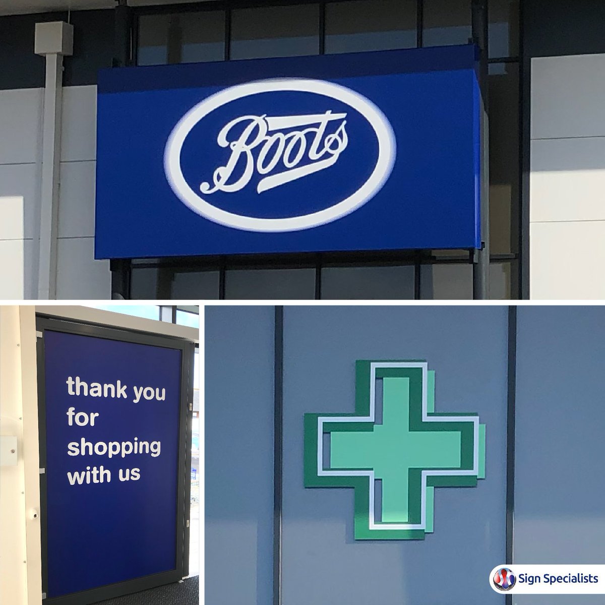 Here's an example of some of the signage solutions we provide for <a href="/BootsUK/">Boots</a> including a main tray fascia panel and their supplementary '+' pharmacy icon, together with internally applied printed window vinyl. #Signs #graphics  #branding