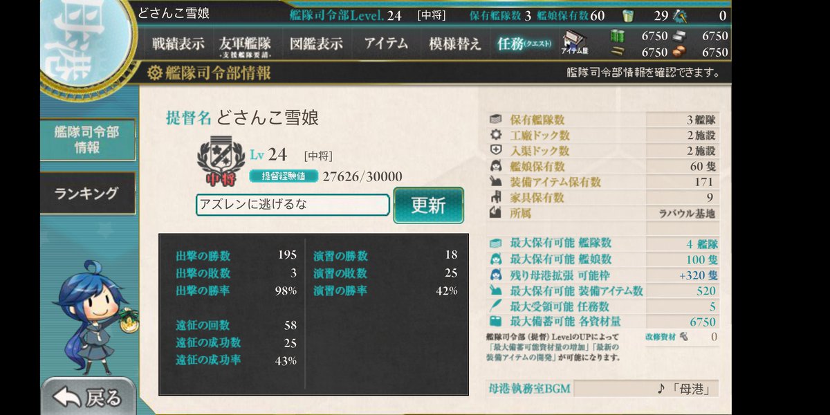 ロイドっさん レベルすげぇ 艦これはレベリングがめんどいからどうも苦手でこんな感じになってます 基地だけ一丁前にラバウルなんですけどサボり癖が出ちゃってますね