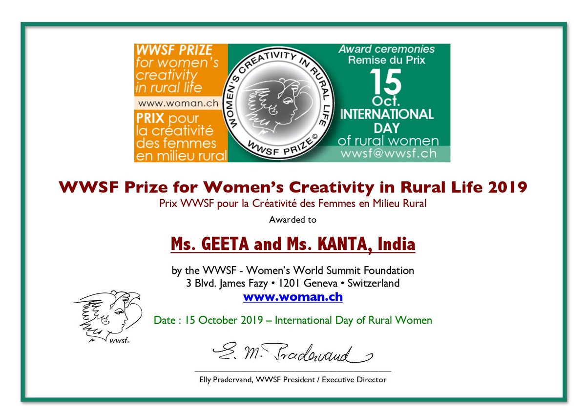 Our women beneficiaries from our Rural Project have received an award from the @WWSFoundation for Women’s Creativity in Rural Life 2019. Kanta Ji and Geeta Ji are among the 10 prizewinners selected by the Prize Jury this year. @thekiranbedi Full story: bit.ly/2kzEvKS