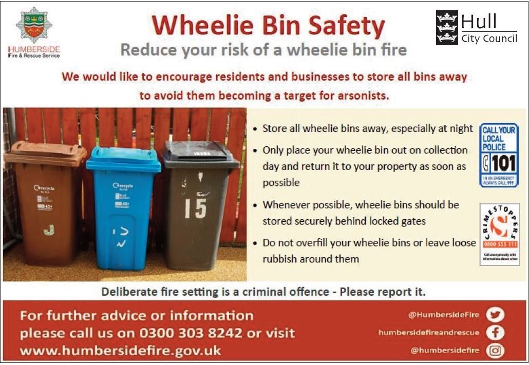 HumberbeatERYS's tweet photo. #Holderness: As longer dark nights set in & with the activities + festivities this usually brings - please take advice from humbersidefireandrescue @HumbersideFire on Wheelie Bin Safety to help reduce your risk of a wheelie bin fire. #ReducingASB https://t.co/yUBRc7hZ59