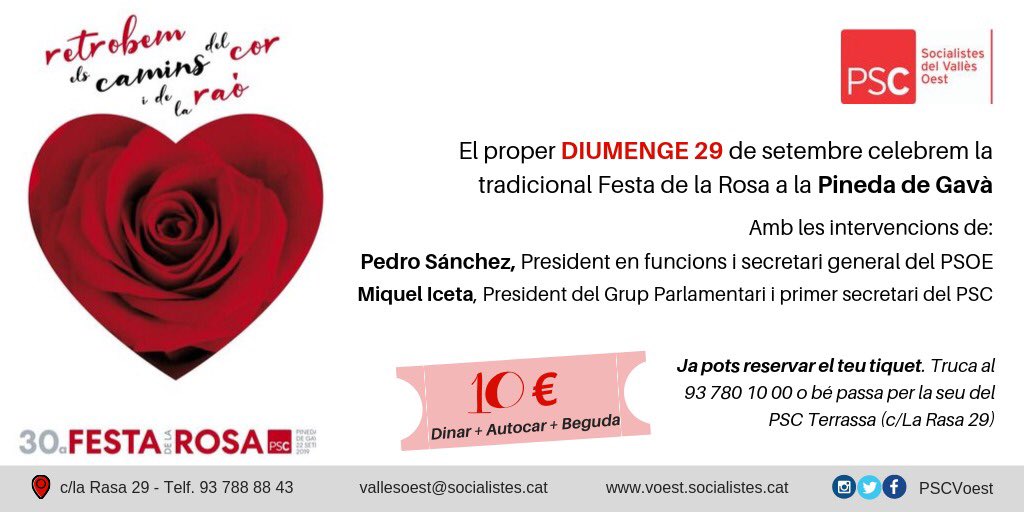 PSCRubi's tweet photo. El proper diumenge 29 de setembre se celebrarà la Festa de la Rosa. Ens acompanyaran @sanchezcastejon i @miqueliceta. Ja podeu reservar el vostre tiquet! #PSCRubí #RubíCity
#MilloremRubí #Rubí #Gavà #FestaDeLaRosa https://t.co/eYip5V7tLF