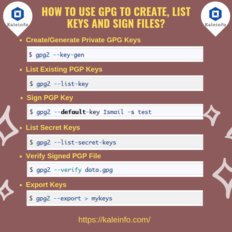 KaleInfoSec's tweet photo. How To Use GPG To Create, List Keys and Sign Files?  #hash #private key #rsa #security #gpg #gpg list #gpg2  https://t.co/TyYz1xsira https://t.co/P4zve8Zb5Q