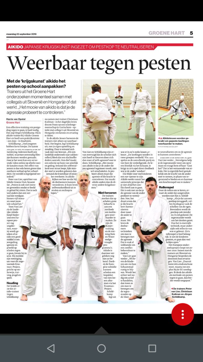 petervanlier's tweet photo. Vandaag staan we in het https://t.co/eXAL3w7HXp! Met @petervanlier, @jurgenschildkam  en Christiaan Kuilman #aikido #groenehart #pesten #weerbaar https://t.co/CXmCHJtsSl