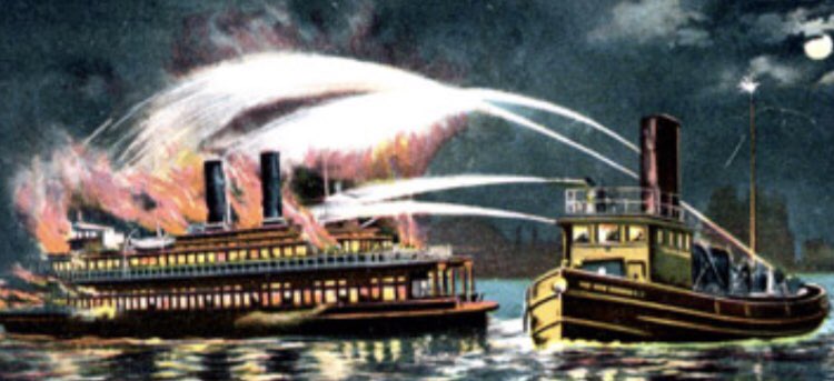 nycfiremuseum's tweet image. On this #MuseumMonday a postcard depicts Fireboat New Yorker operating at a ship fire. The New Yorker, built in 1891 and assigned to #Engine57, was the first #FDNY Fireboat to have a station house. Love history? Visit us and check out nycfiremuseum.org
