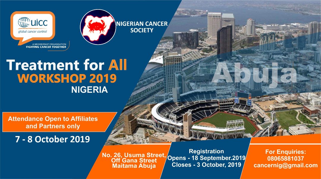 Workshop Reminder:::::: limited seat available. Reserve a seat to be listed on the T4A -Nigeria workshop. Call 08065881037 for Registration enquiries.
<a href="/NigCancer/">Nig Cancer Society</a> <a href="/uicc/">Union for International #CancerControl</a> <a href="/Fmohnigeria/">Federal Ministry of Health, NIGERIA</a> @nmanigeria <a href="/MedicalworldNig/">Medicalworld Nigeria</a>