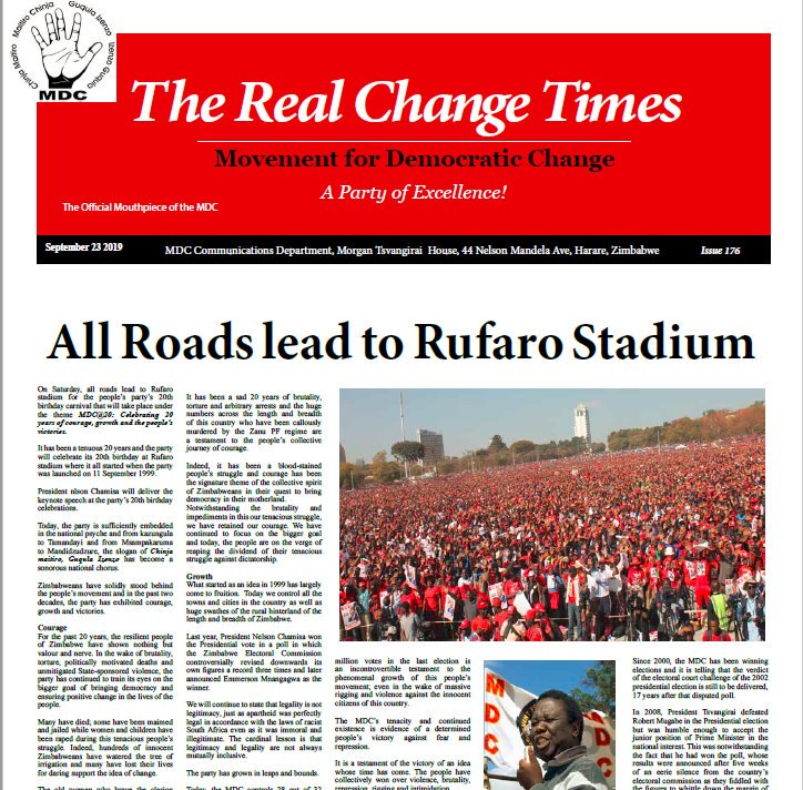 CCCZimbabwe's tweet photo. The latest issue of #TheRealChangeTimes is out and available for download from the following link
https://t.co/ANcip3efN9
#MDCRELOAD
#ThePeopleShallGovern
#MDC20Anniversary https://t.co/dbJ2EjFX0P
