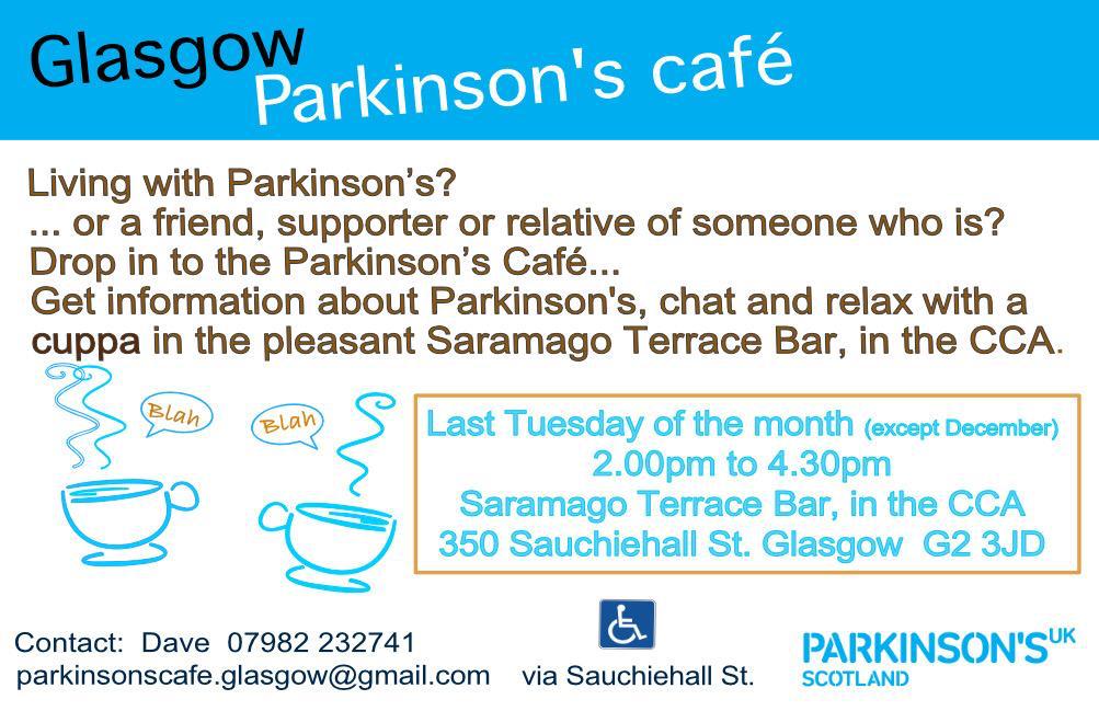 Clin Psych David Wilson, who has a diagnosis himself, is launching a Parkinsons cafe in Glasgow once a month. For information sharing and support for those with the condition an their networks. Launching TOMORROW. Please retweet or pass on the info to anyone who might benefit.