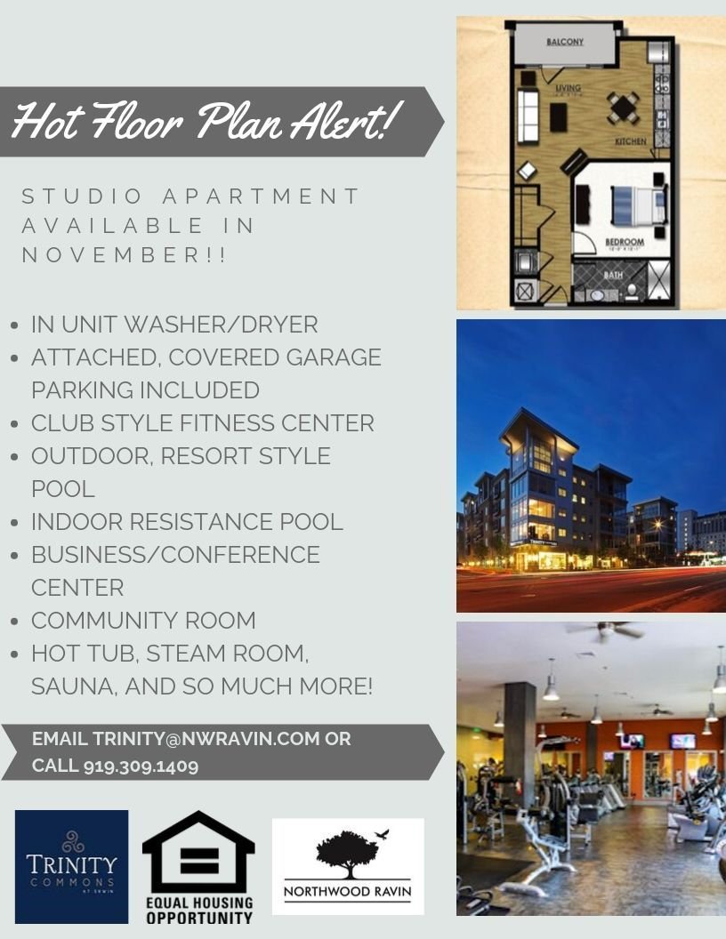 TrinityCommonNC's tweet photo. Hot Floor Plan Alert! We have an awesome Studio aparment available starting NOVEMBER 7thnd! Come by TODAY and check out all that Trinity Commons has to offer! #TrinityCommons #ThisIsNWRLiving #Durm #DurhamNC #DurhamApartments #LuxuryApartment #HomeSweetHome #Den #GymLife... https://t.co/PTlwaboowC
