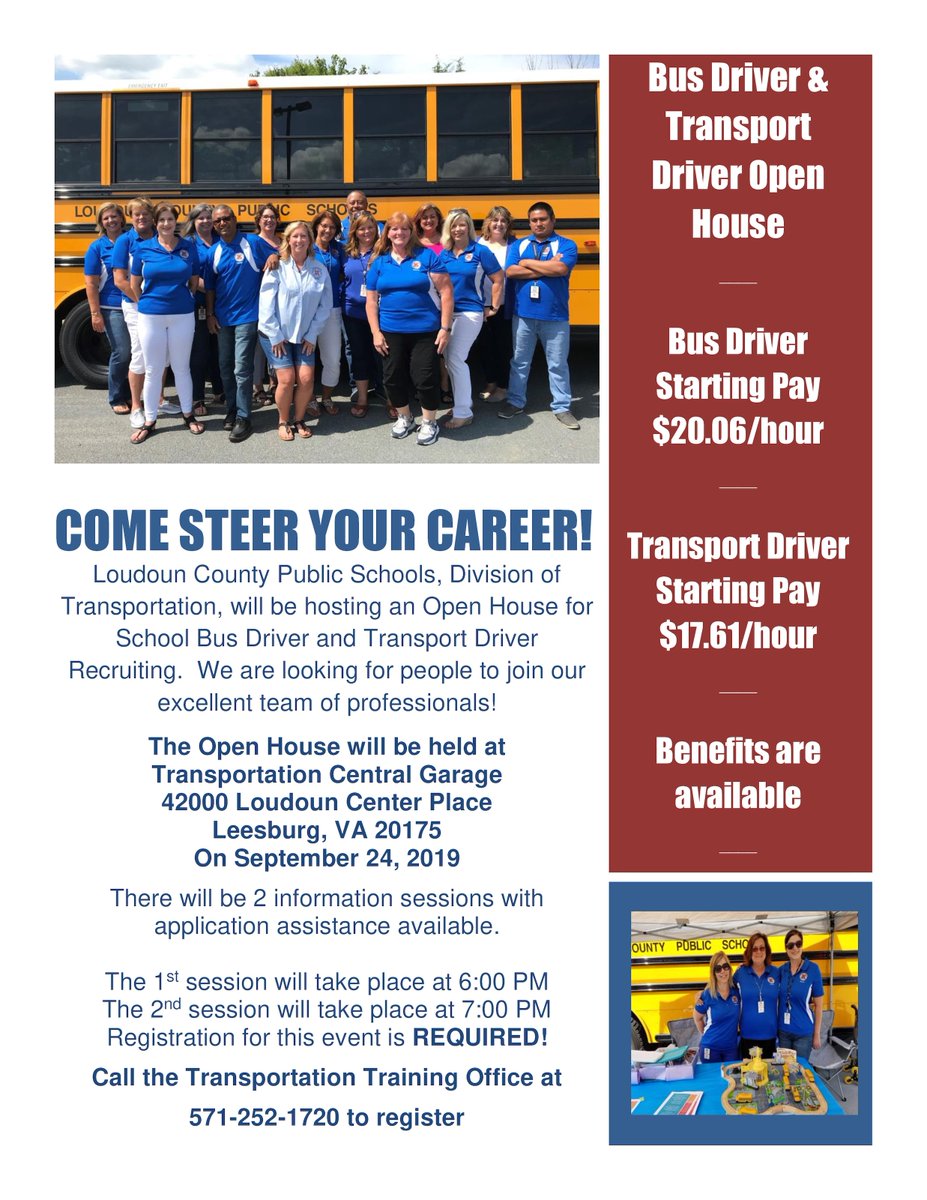 LCPSOfficial's tweet image. Loudoun County Public Schools, Division of Transportation, will be hosting an Open House for School Bus Driver and Transport Driver Recruiting. We are looking for people to join our excellent team of professionals!