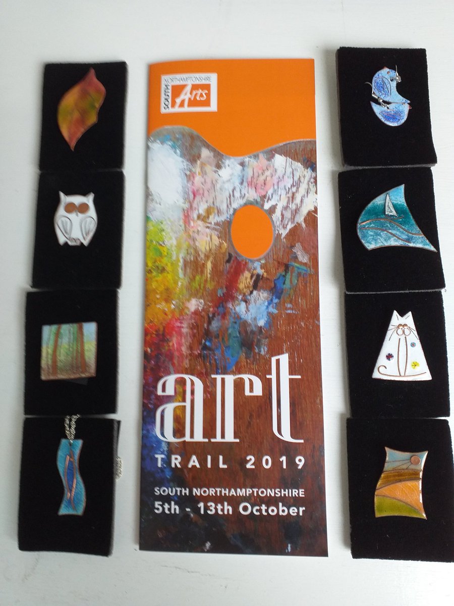 A selection of my enamel brooches that will be exhibited at #storehousegallery Weedon Bec as part of #southnorthamptonshireArtTrail 5-13 October. 14 artists at Weedon and 21 other venues. Brochures available #towcester