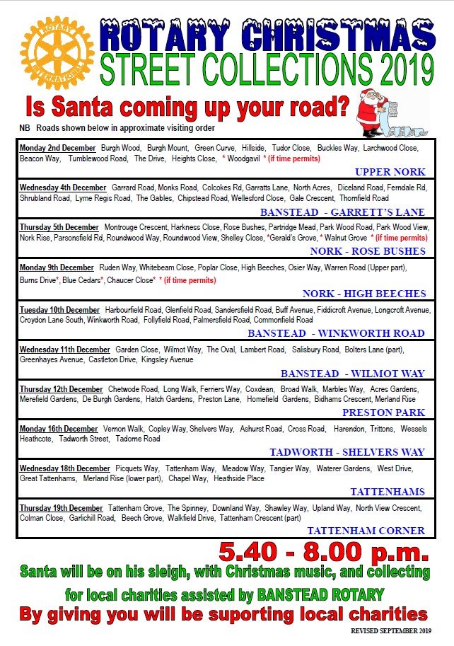 GuildBanstead's tweet photo. @BansteadRotary Santa's Sleigh is coming to #Banstead! He will be landing in a street near you between 2nd &amp; 19th December 2019. Check the list in the photo to see where he will be going and times etc. He will also be flying by Asda and Waitrose #Banstead #Santa #Sleigh https://t.co/4syPBseM42