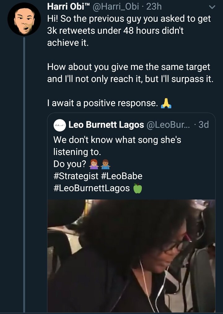 Harri_obi's tweet photo. Guys!!! 😭😭😭

So I shot a career shot at the advertising agency I've always wanted to work for, @LeoBurnettLagos. 

They responded and want me to get 3k retweets in 48 hours, before they'll call me in for a test.

I need your retweet guys, make my dream come true. 🙏

#BBNaija https://t.co/WGEefV4L6A