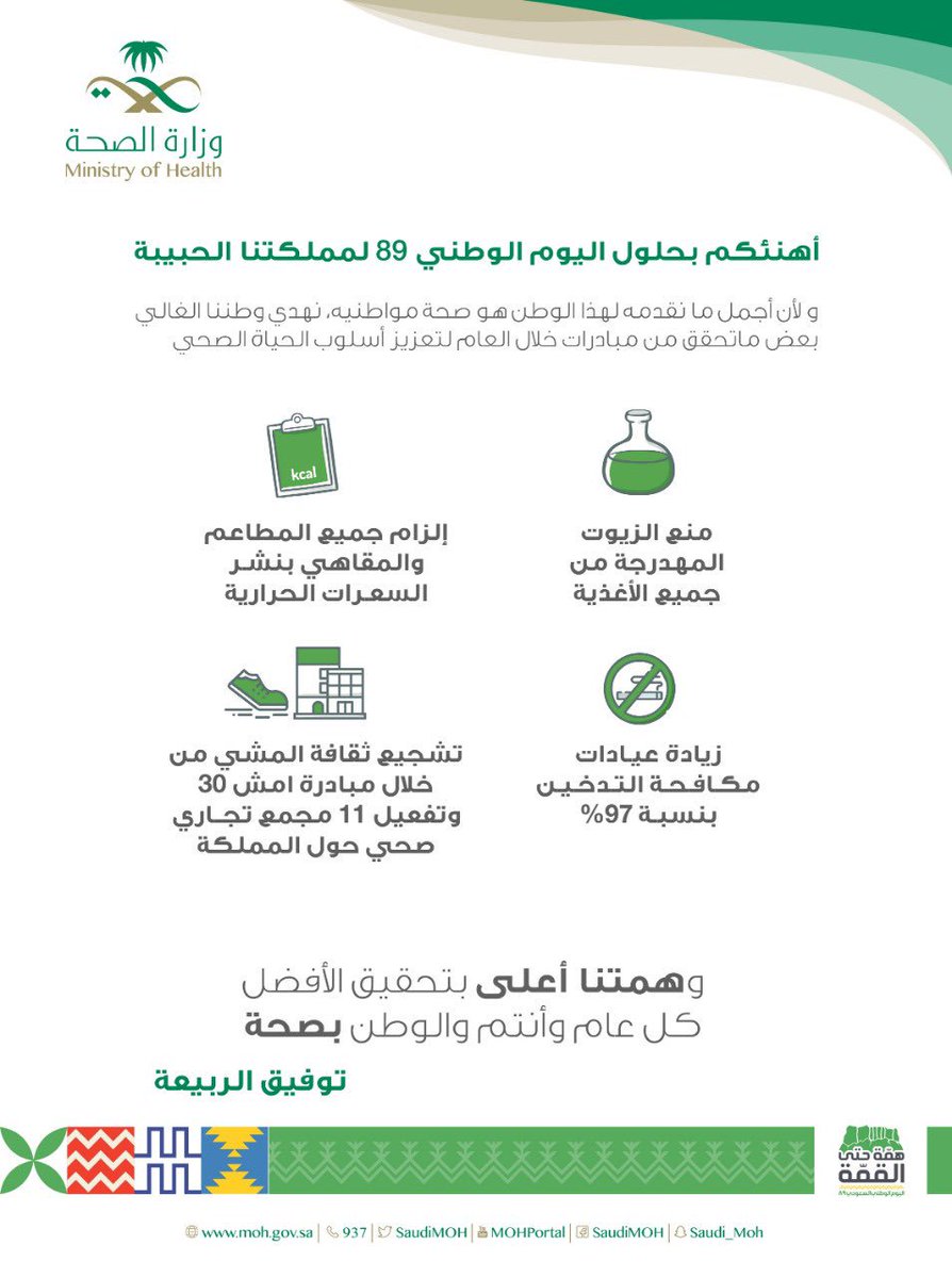 الحمد لله على فضله 🤲
٨٩ عام ونحن ننعم بالأمن والاستقرار والتطور.   
ويسرني بهذه المناسبة أن أتقدم بالتهنئة إلى مقام خادم الحرمين الشريفين وسمو ولي العهد حفظهم الله بمناسبة #اليوم_الوطني٨٩ وكل عام والوطن وأنتم بصحة🇸🇦
#همتنا_بصحتنا