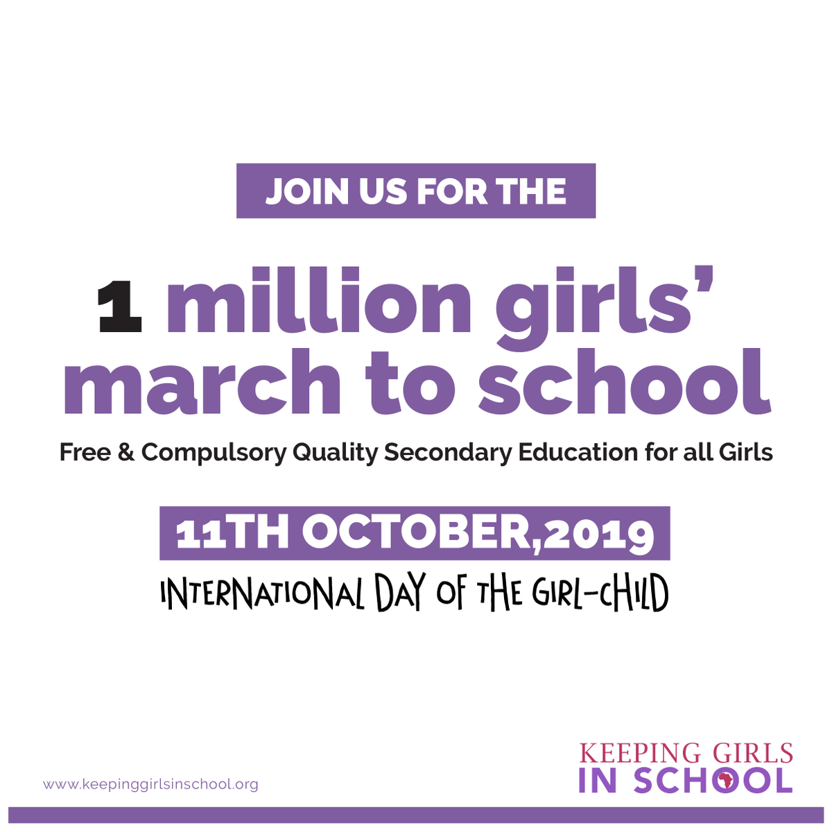 KGISAfrica's tweet photo. On 11th Oct 2019, girls across Nigeria &amp; Zimbabwe supported by boys, leaders &amp; women will march demanding for free and compulsory quality secondary education. 

Join the movement!!! 🙋🏿‍♀️🙋🏾‍♀️🙋🏼‍♀️🙋🏻‍♀️🙋‍♀️🙋🏾‍♀️

#GirlsInSchoolAfrica #Girls #GirlEducation #GirlChild https://t.co/hLTXh4GzH3