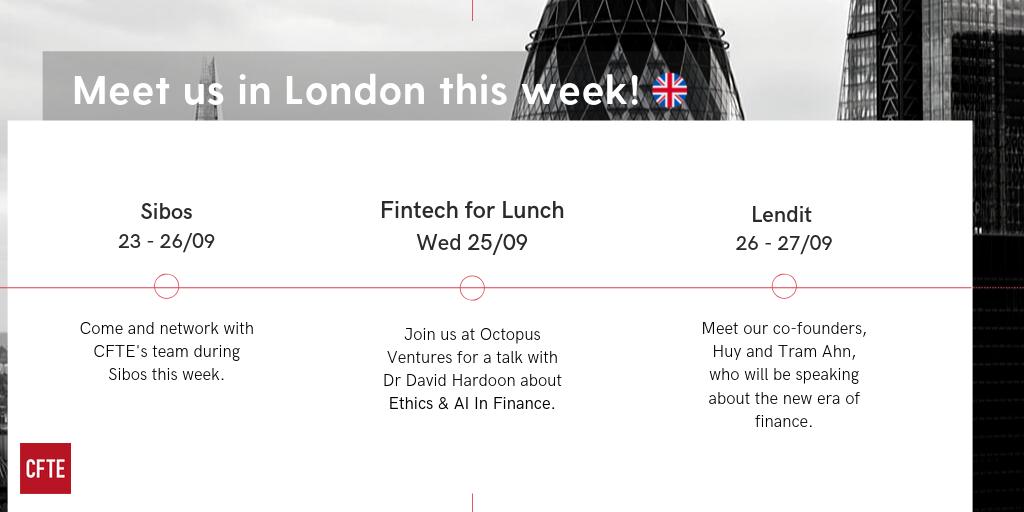 CFTE_Edu's tweet photo. After a busy week in Singapore, we are back in #London!
Don't forget to join us at @OctopusVentures this Wednesday where we'll be hosting @DavidHardoon to talk about Ethics and #AI in #Finance.
And come and meet us during @Sibos and @LendIt conferences too!
#Fall4Fintech #CFTE https://t.co/05Vb18Mxtb
