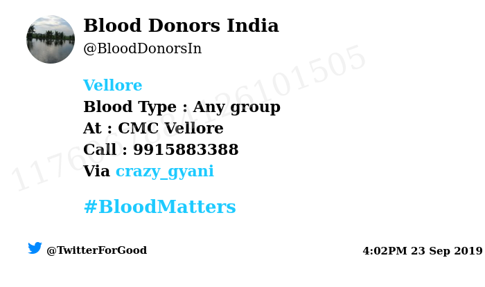 BloodDonorsIn's tweet photo. #Vellore
Need #Blood Type :  Any group
At : CMC Vellore
Blood Component : Platelets 
Number of Units : 2
Primary Number : 9915883388
Via: @crazy_gyani
#BloodMatters
Powered by Twitter https://t.co/9L3og4DNhj