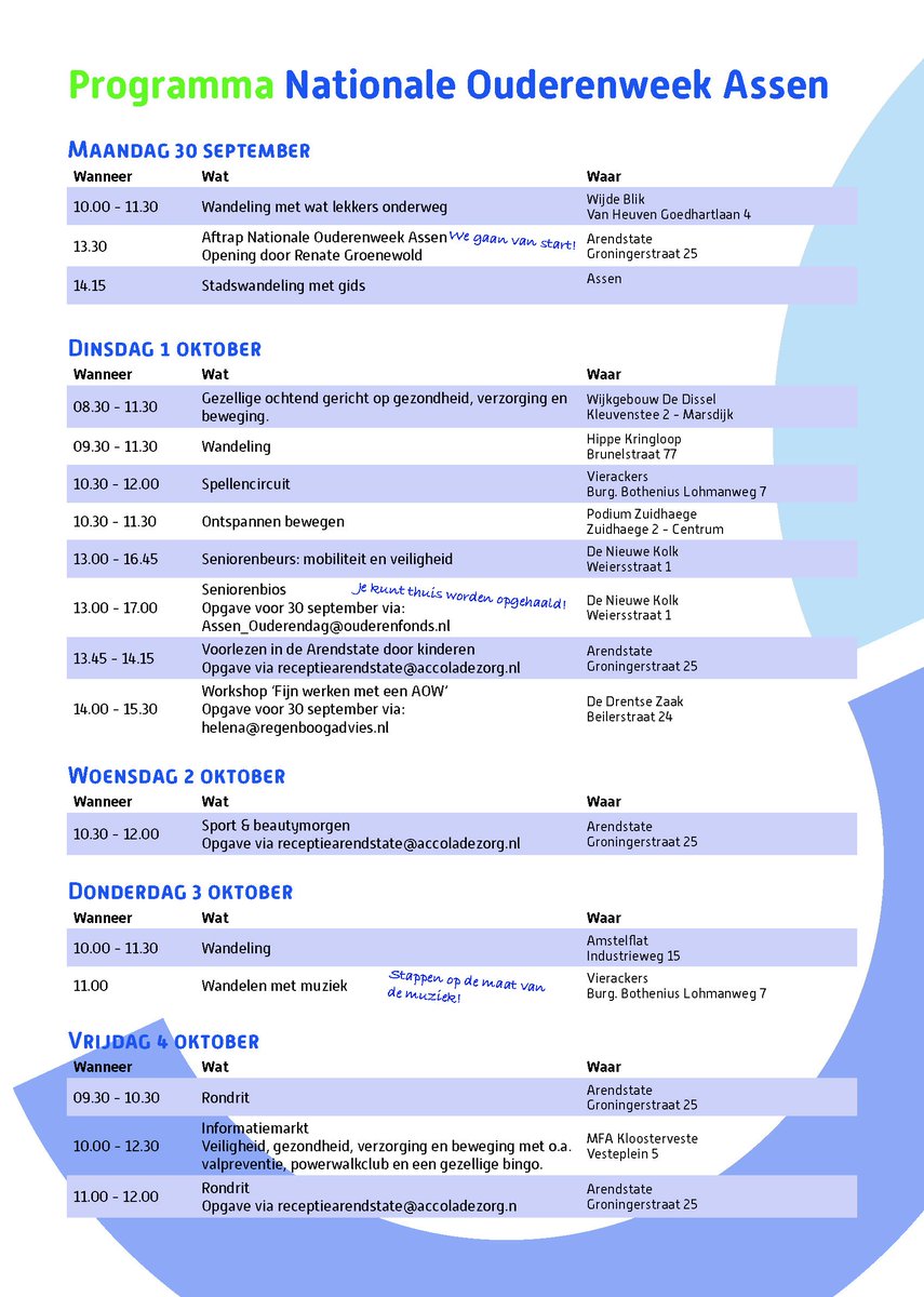 AsserUitdaging's tweet image. Bekijk het volledige programma van de Ouderenweek Assen. 

Voor diverse activiteiten zijn we nog opzoek naar vrijwilligers. Wilt u een oudere een bijzondere dag bezorgen? 
Meld u dan aan via info@asseruitdaging.nl