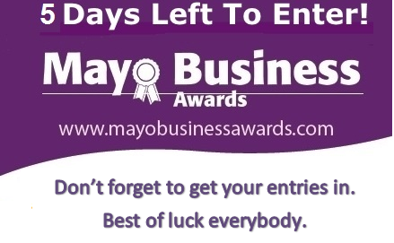 MayoBizAwards's tweet photo. Only 5 Days Left to Enter the Mayo Business Awards #MayoBiz2019

@errischamber @ChamberBallina @Annemarques24 @WestportChamber @leomhaigheo @southwestmayo @MayoNorthEast @ClaremorrisCmbr #Castlebarchamber https://t.co/K2mwK4zlQ2