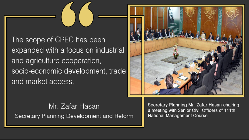 PlanComPakistan's tweet photo. The Secretary Planning said that the scope of #CPEC has been expanded with a focus on #industrial and #agriculture cooperation, #socio_economic #development, #trade and #market_access. https://t.co/w5sASJLeHo