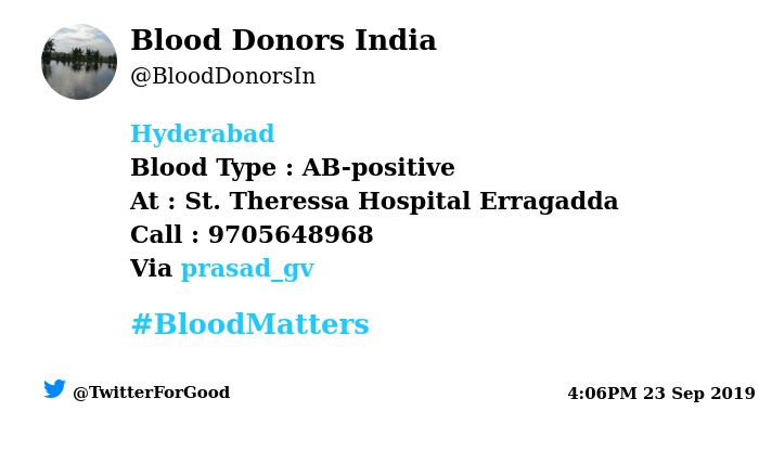 BloodDonorsIn's tweet photo. #Hyderabad
Need #Blood Type :  AB-positive
At : St. Theressa Hospital Erragadda
Blood Component : Blood
Number of Units : 2
Primary Number : 9705648968
Via: @prasad_gv
#BloodMatters
Powered by Twitter https://t.co/NY8PNEVPFS