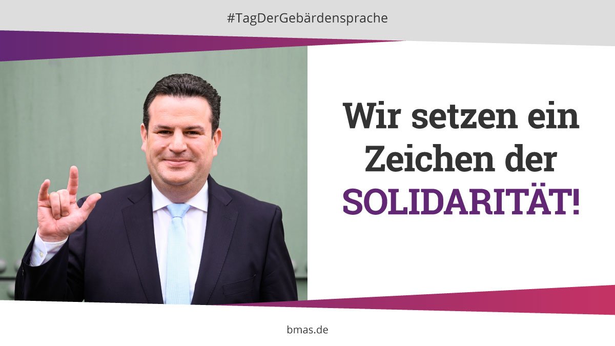 Am internationalen #TagderGebärdensprache setzt <a href="/hubertus_heil/">Hubertus Heil</a> ein Zeichen der Solidarität 🤟. #Inklusion muss in unserer Gesellschaft selbstverständlich sein: Niemand darf wegen seiner #Behinderung benachteiligt werden, so steht es in Art. 3 GG.  #Gebärdensprache #IDSL2019