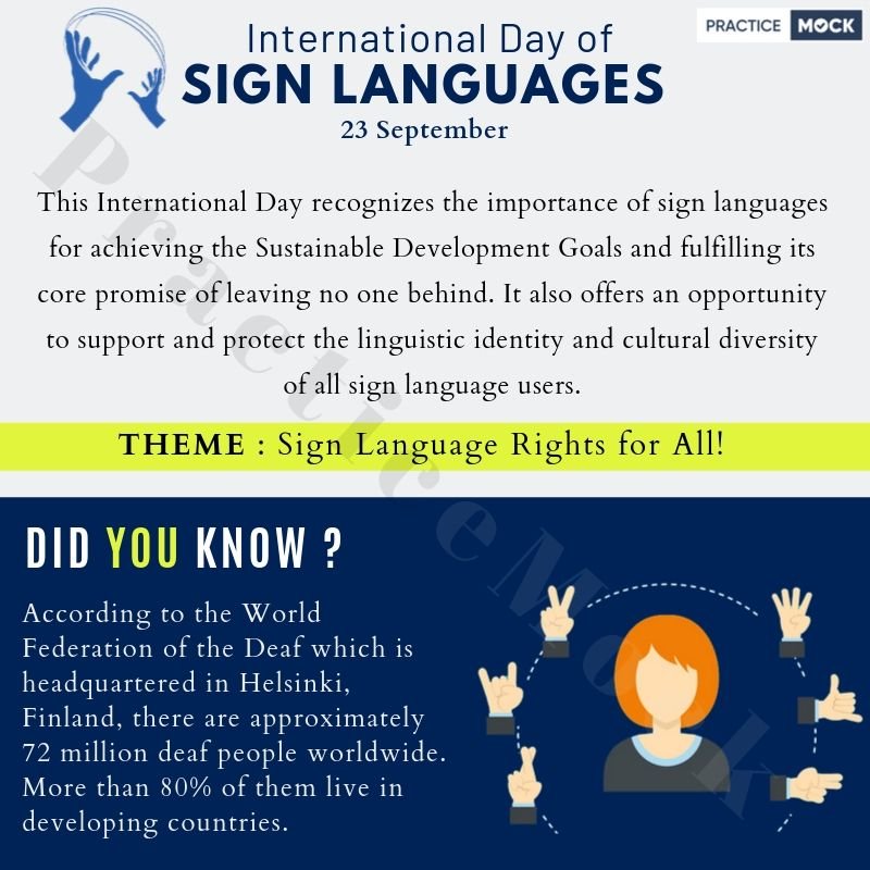 practicemock's tweet photo. International Day of Sign Languages : 23rd September
.
.
#international #UN #unitednations #signlanguages #sign #InternationalDayofSignLanguages #languages #diversity #goals #support #identity #worldwide #finland #gk #currentaffairs #dailynews #generalknowledge #PracticeMock #PM https://t.co/GI5d6zGTJP