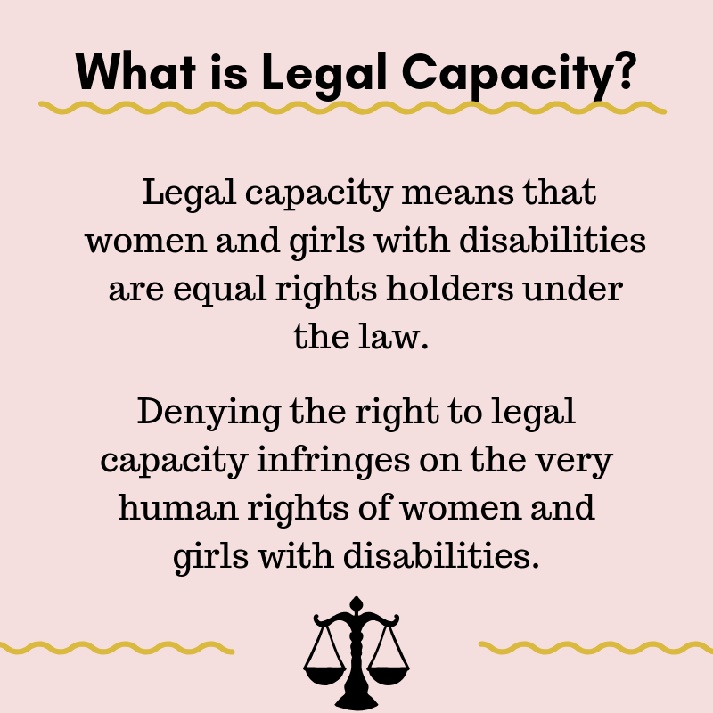 A black heading reads, "What is Legal Capacity? Legal capacity means that women and girls with disabilities are equal rights holders under the law. Denying the right to legal capacity infringes on the very human rights of women and girls with disabilities." At the bottom of the graphic is a silhouette of a scale representing justice.