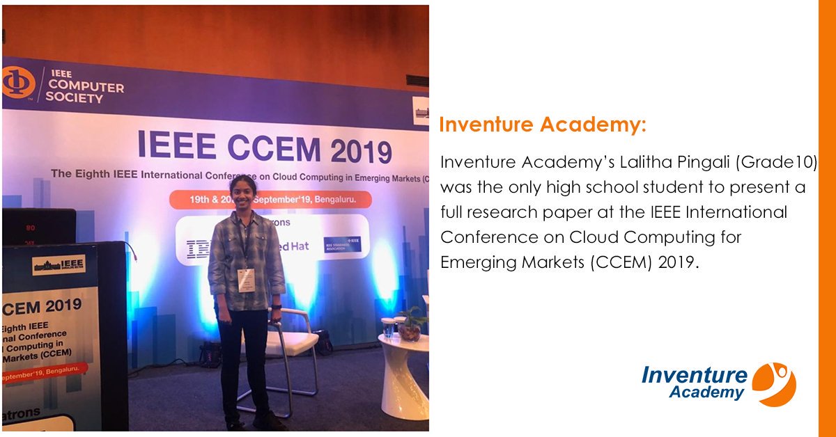 InventureK12's tweet photo. Inventure Academy: Inventure Academy’s Lalitha Pingali ( Grade 10 ) was the only high school student to present a full research paper at the IEEE International Conference on Cloud Computing for Emerging Markets ( CCEM) 2019.
#InventureAcademy #IEEEInternationalConference #CCEM https://t.co/FUte6ixsxe