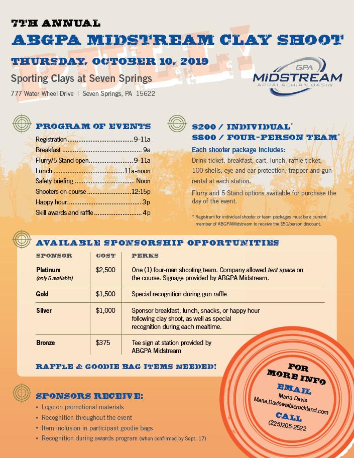 ABGPAMidstream's tweet photo. Just a few weeks from now ABGPA Midstream will be hosting our 7th Annual Clay Shoot at #SevenSprings. Registration is open and filling up. If you would like to register or sponsor, please click the link below. #ABGPA #ClayShoot2019 https://t.co/LeRnNSlev7 https://t.co/YqKnHUKoLe