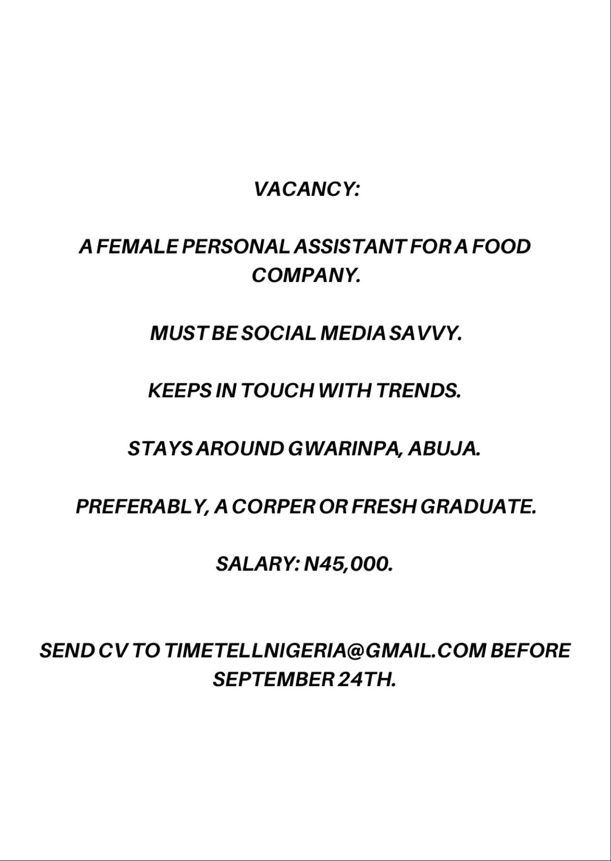 ABUJA FACTS on Twitter "JOB VACANCY IN ABUJA. Apply if this suits you.…