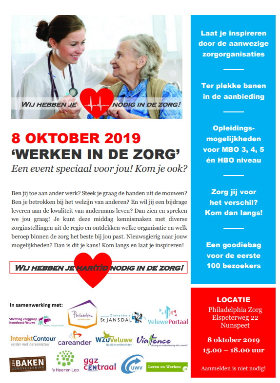BeaSchulting's tweet photo. Wij hebben jou(w) har(t)d nodig in de zorg!
Wil jij aan de slag in de zorg of in deze sector jouw kansen  verkennen? Kom langs tijdens het "Zorgevent" op 3 oktober in Nunspeet! https://t.co/7tofeLfARl