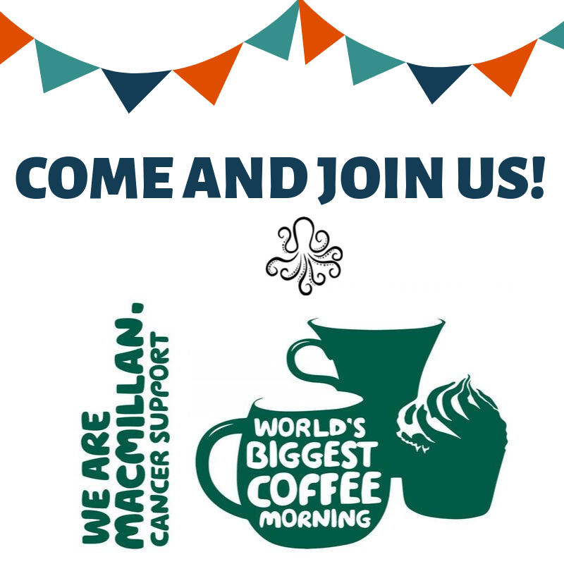 JugglingOctopus's tweet photo. We are proud to be supporting Macmillan Cancer Support and would love for you all to join us. 
We will be hosting a coffee morning from 10am-12pm on Friday the 27th of September at 32 Friar Gate, Derby DE1 1BX

See you all there! 💚🐙❤️

 #Macmillan #Support  #CoffeeMorning https://t.co/4LbH9UdvkU