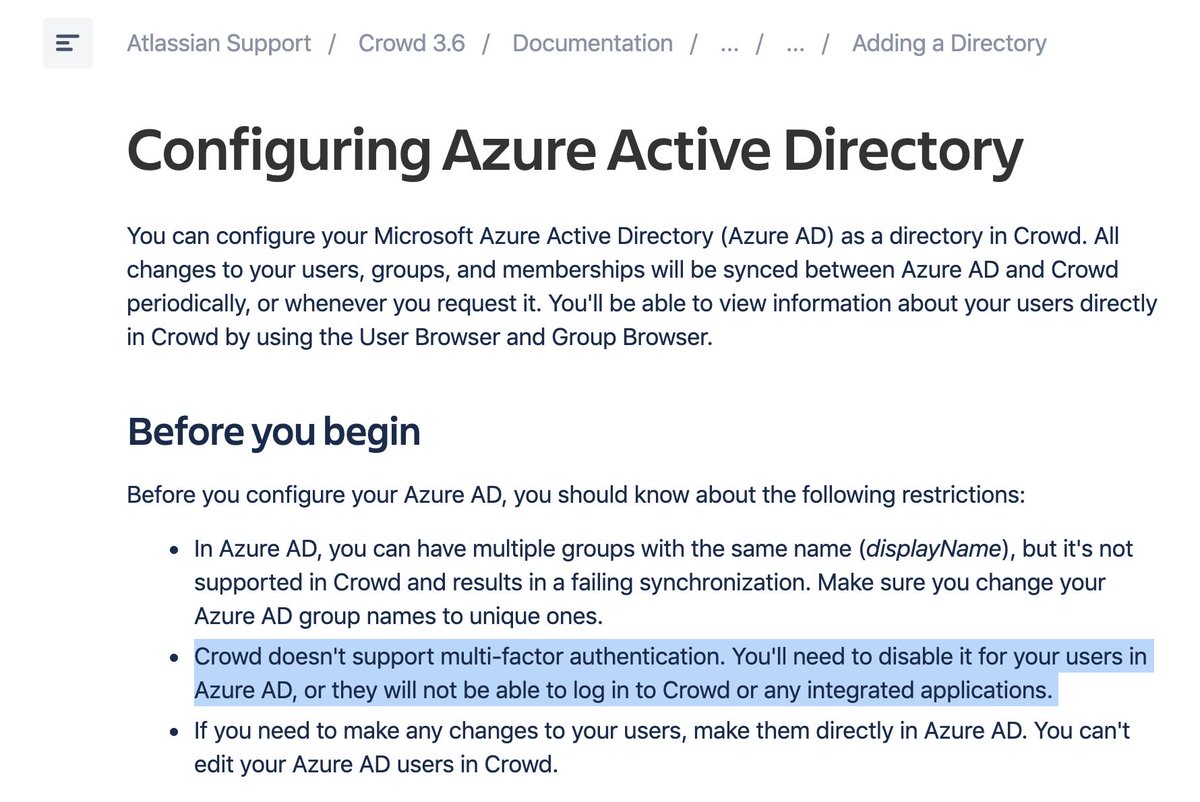 jannylund's tweet photo. @Atlassian how come, in 2019, none of your server tools support SSO except Crowd. And Crowd does not support MFA, but recommends disabling MFA?! Really? #fail (Disclaimer: I know datacenter use some different solution, but it requires *all* tools to be datacenter. Hello Bamboo?) https://t.co/NC3VTerfj2