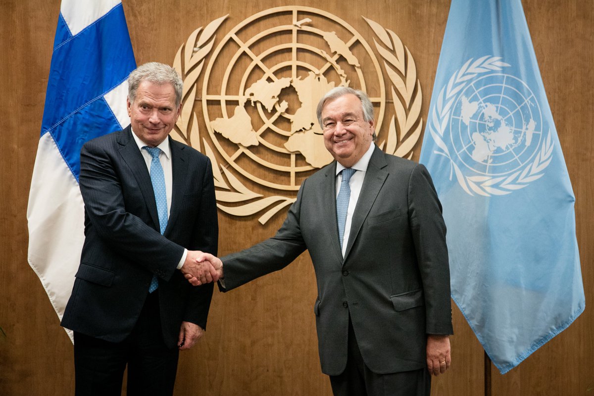 niinisto's tweet photo. Meeting with UN Secretary-General @antonioguterres  ahead of #UNGA and #ClimateAction Summit. Discussion on disarmament and climate change. https://t.co/oHUHDTuvTf
