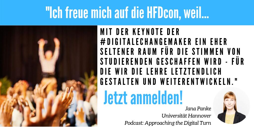 HFDdigital's tweet photo. Nicht nur die #DigitaleChangemaker selbst haben Lust auf ihre Keynote bei der #HFDcon - auch @JanaPanke, die gemeinsam mit @nwagenk den HFD [Insights] Podcast Approaching the Digital Turn gestaltet, freut sich auf die Stimme der Studis. 

https://t.co/wezoSxgib3

#DigitalTurn https://t.co/ngjlvSJhAn