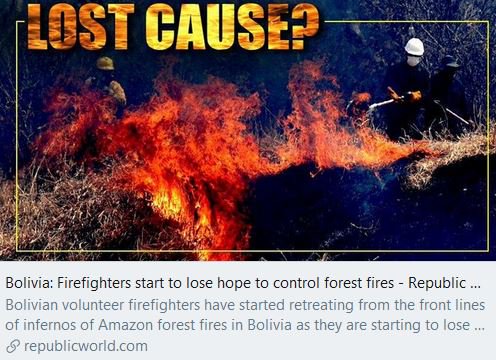 This is what the  #DeforestationCrisis looks like in  #SouthAmerica right now.23/Sep/2019: #Bolivia: "firefighters have started to retreat from the front lines of some ...forest fires ...The retreat is caused by the loss of hope to control the fire." https://www.republicworld.com/world-news/rest-of-the-world-news/bolivia-firefighters-start-to-lose-hope-to-control-forest-fires
