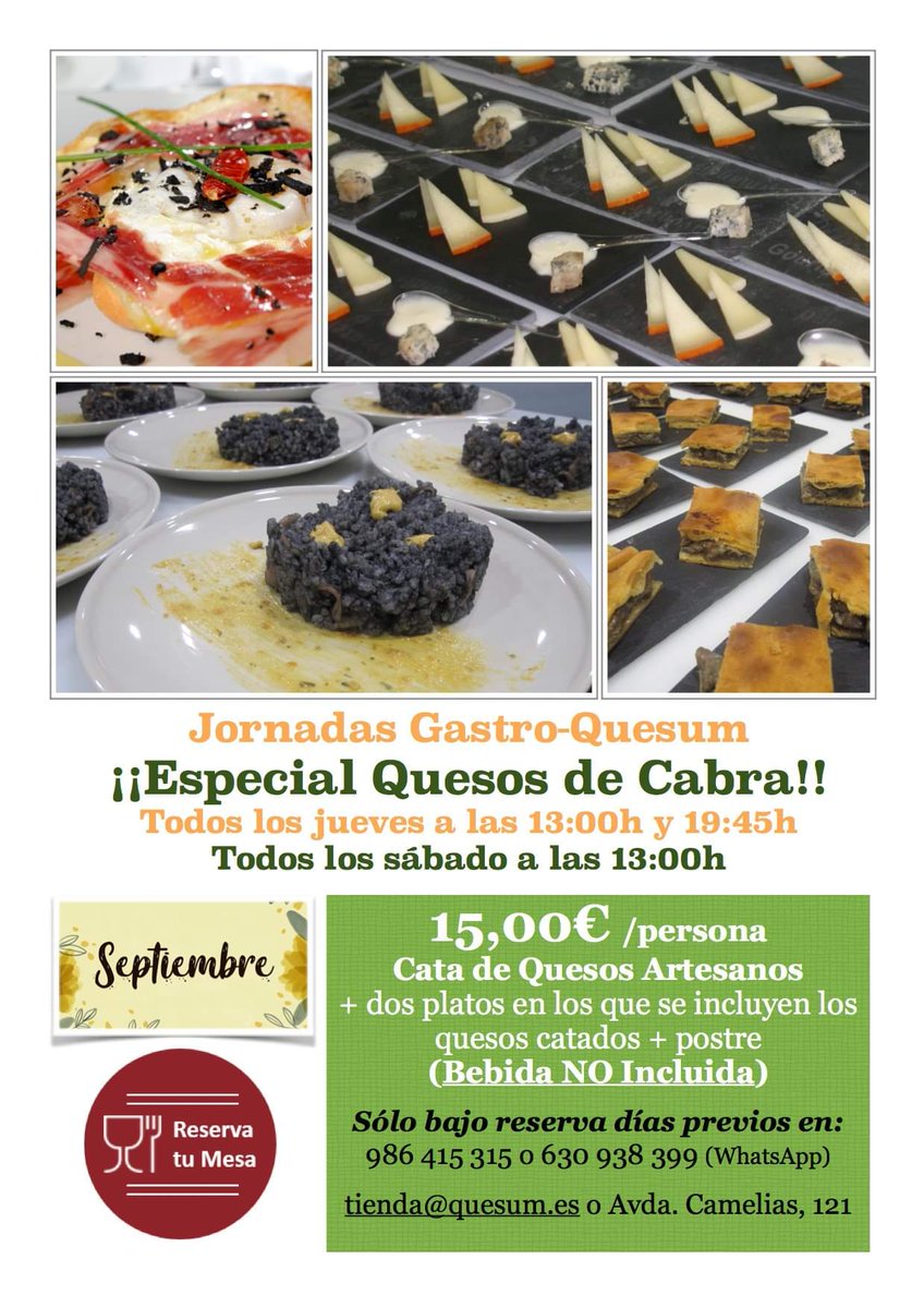 QuesumCheese's tweet photo. #jornadas #gastro #gastroquesum #septiembre #quesoscabra #cata #quesosartesanos #recetasquesum #reservamesa #jueves #sabado https://t.co/V6GCnFug5X