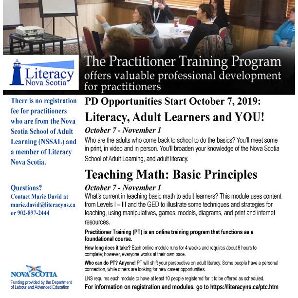literacy_ns's tweet photo. #RegisterNow for #PractitionerTraining modules offered in October. The new schedule of modules for 2019 – 20 is available at https://t.co/4kQR4C29q2. Questions? Contact marie.david@literacyns.ca or call 1-800-255-5203. https://t.co/JBYAgHCyvj