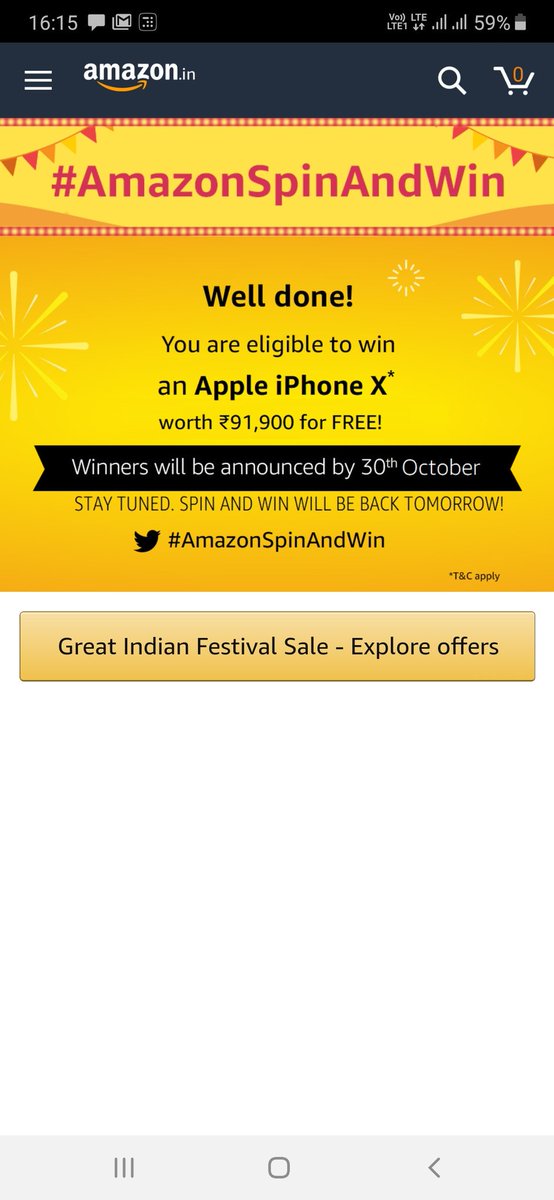 SirDadhwal's tweet photo. This time I am lucky to win biggest prize . Thank you @amazon #AmozonSpinAndWin https://t.co/VSVMYlgQ1C